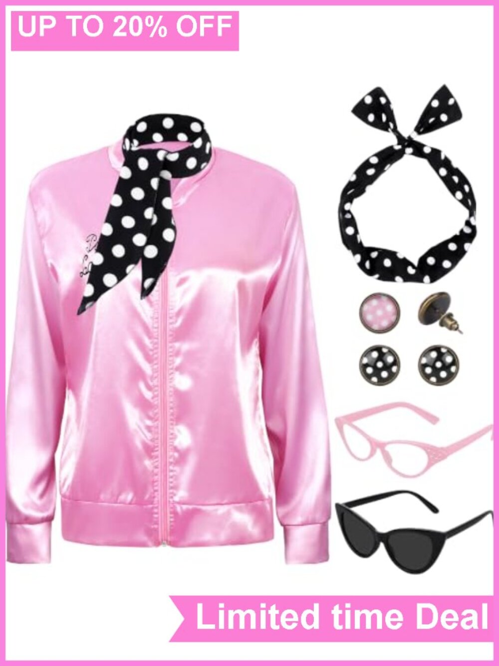 1950s Satin Costume Set Zipper Jacket Cat Eye Glasses Scarf Headband